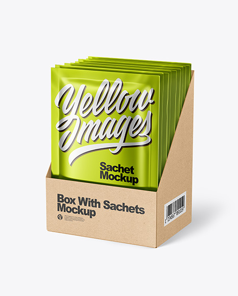 Download Metallic Sachets in Display Box Mockup in Sachet Mockups on Yellow Images Object Mockups