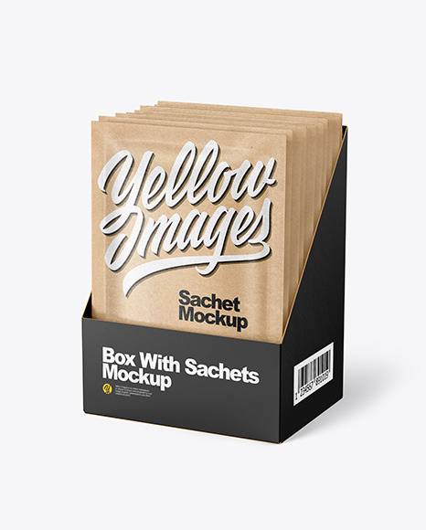 Download Kraft Paper Sachets In Display Box Mockup In Sachet Mockups On Yellow Images Object Mockups