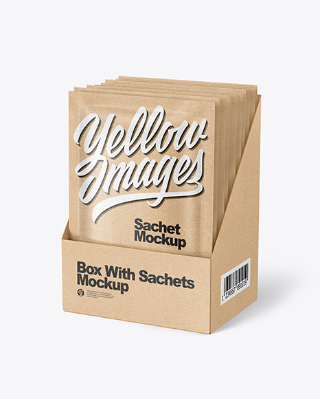 Download Kraft Paper Sachets In Display Box Mockup In Sachet Mockups On Yellow Images Object Mockups PSD Mockup Templates