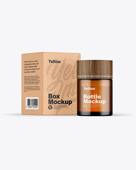 Download Kraft Box Amber Glass Bottle Mockup In Packaging Mockups On Yellow Images Object Mockups