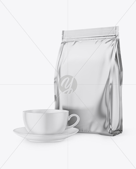 Download Metallic Stand Up Bag With Matte Coffee Mug Mockup In Bag Sack Mockups On Yellow Images Object Mockups Yellowimages Mockups