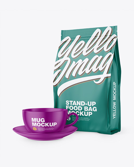 Download Matte Stand Up Bag With Matte Coffee Mug Mockup In Bag Sack Mockups On Yellow Images Object Mockups PSD Mockup Templates