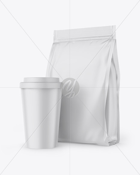 Download Matte Stand Up Bag With Coffee Cup Mockup In Bag Sack Mockups On Yellow Images Object Mockups PSD Mockup Templates