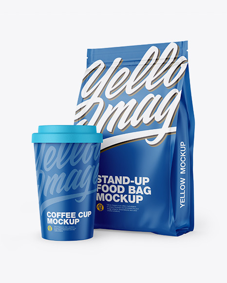 Download Matte Stand Up Bag With Coffee Cup Mockup In Bag Sack Mockups On Yellow Images Object Mockups