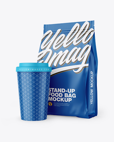 Download Matte Stand Up Bag With Coffee Cup Mockup In Bag Sack Mockups On Yellow Images Object Mockups Yellowimages Mockups