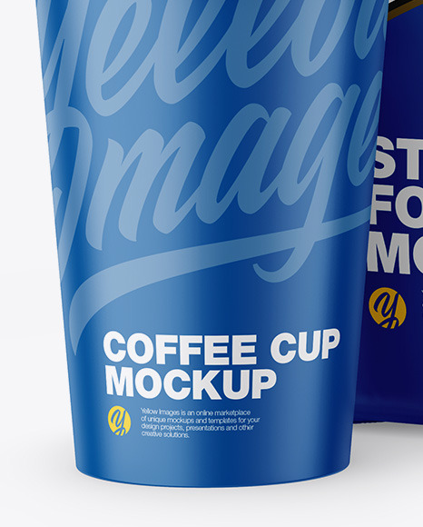 Download Matte Stand Up Bag With Coffee Cup Mockup In Bag Sack Mockups On Yellow Images Object Mockups