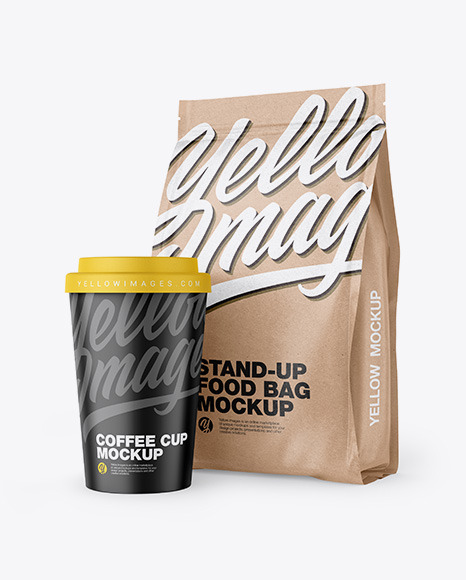 Download Kraft Stand Up Bag With Coffee Cup Mockup In Bag Sack Mockups On Yellow Images Object Mockups