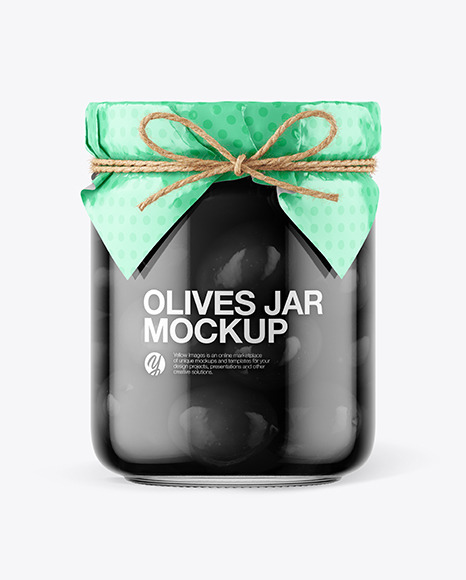 Glass Black Olives Jar with Paper Cap Mockup PSD #1