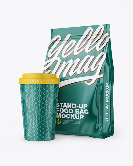 Download Glossy Stand Up Bag With Coffee Cup Mockup In Bag Sack Mockups On Yellow Images Object Mockups