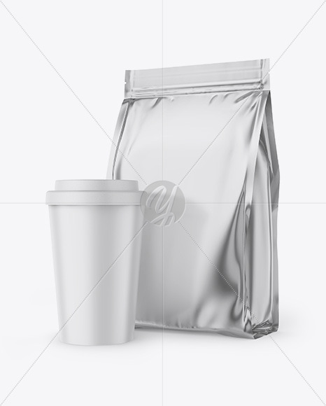 Metallic Stand Up Bag With Coffee Cup Mockup In Bag Sack Mockups On Yellow Images Object Mockups