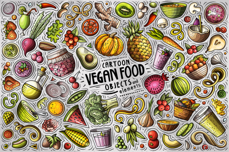 Vegan Food Cartoon Vector Objects Set