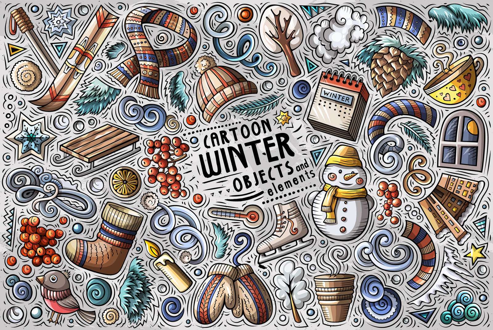 Download Winter Cartoon Vector Objects Set In Design Elements On Yellow Images Creative Store