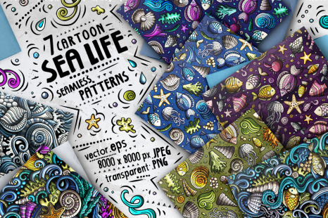 Sea Life Cartoon Seamless Patterns