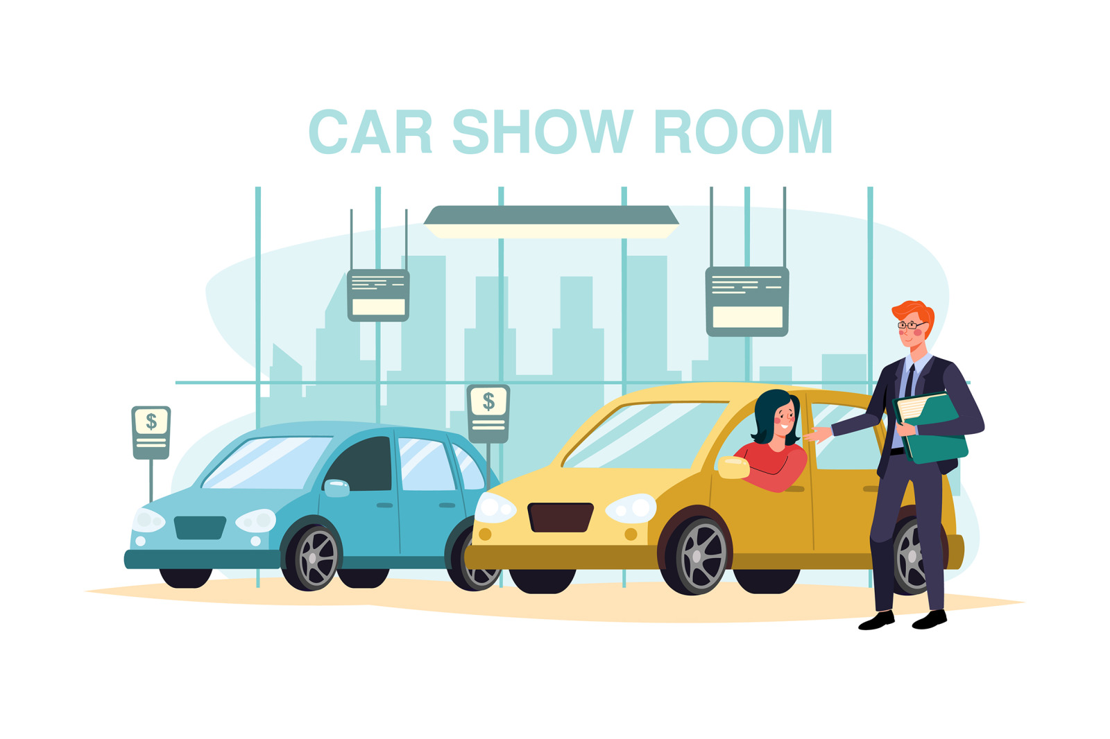 M129_Car Dealership Illustrations on Yellow Images Creative Store