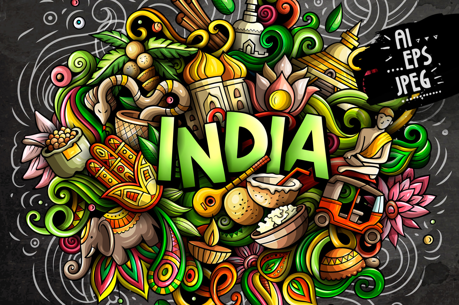 INDIA Cartoon Doodle Illustration on Yellow Images Creative Store