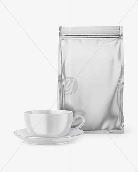 Metallic Stand Up Bag With Coffee Mug Mockup In Cup Bowl Mockups On Yellow Images Object Mockups