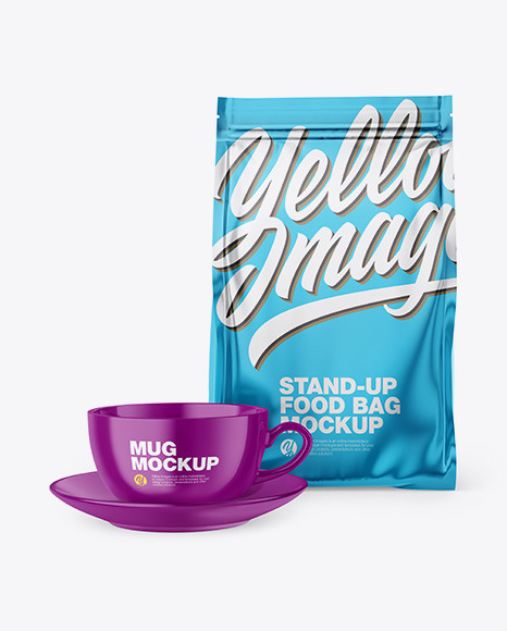 Download Metallic Stand Up Bag With Coffee Mug Mockup In Cup Bowl Mockups On Yellow Images Object Mockups