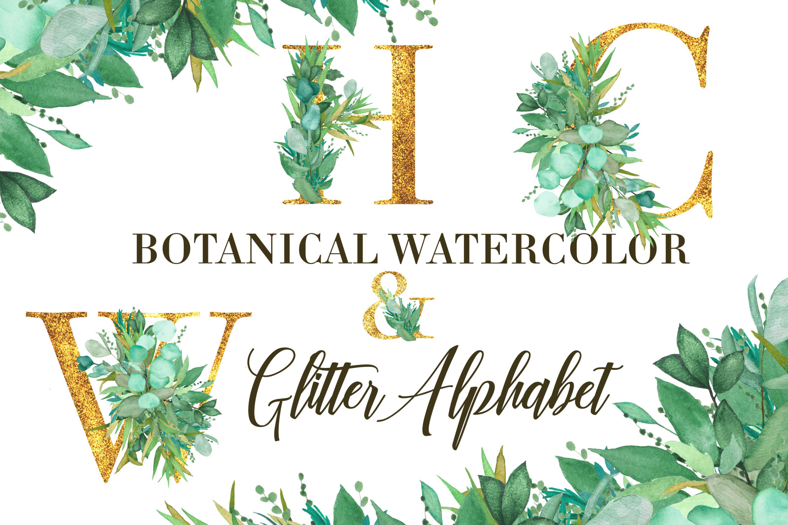 Download Botanical Watercolor And Glitter Alphabet Elements In Creative Store On Yellow Images Creative Store