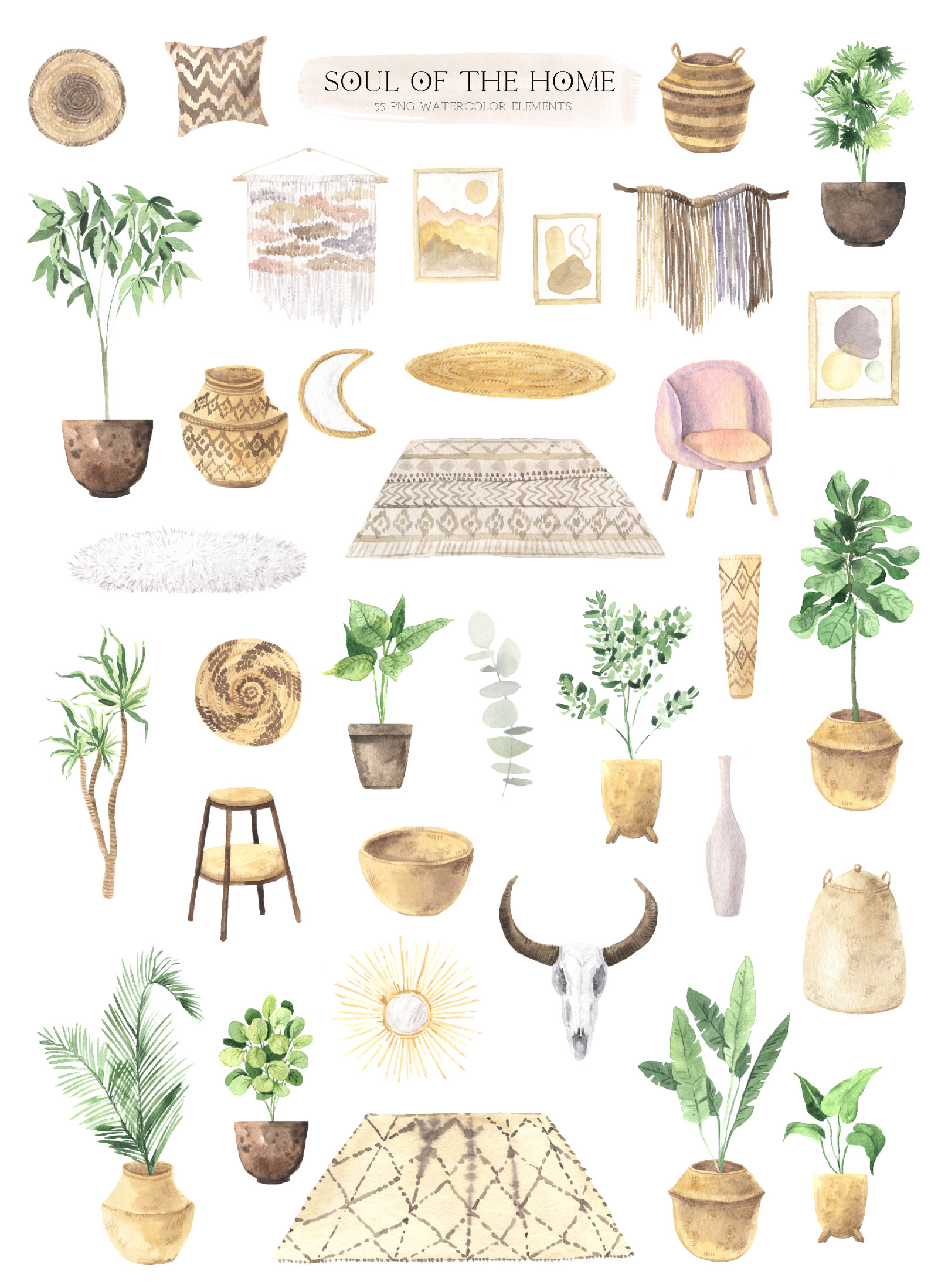 Download Watercolor Boho Home Interior Clipart In Illustrations On Yellow Images Creative Store