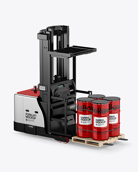 Fork Lift w/ 4 Glossy Barrels &amp; Wooden Pallet Mockup