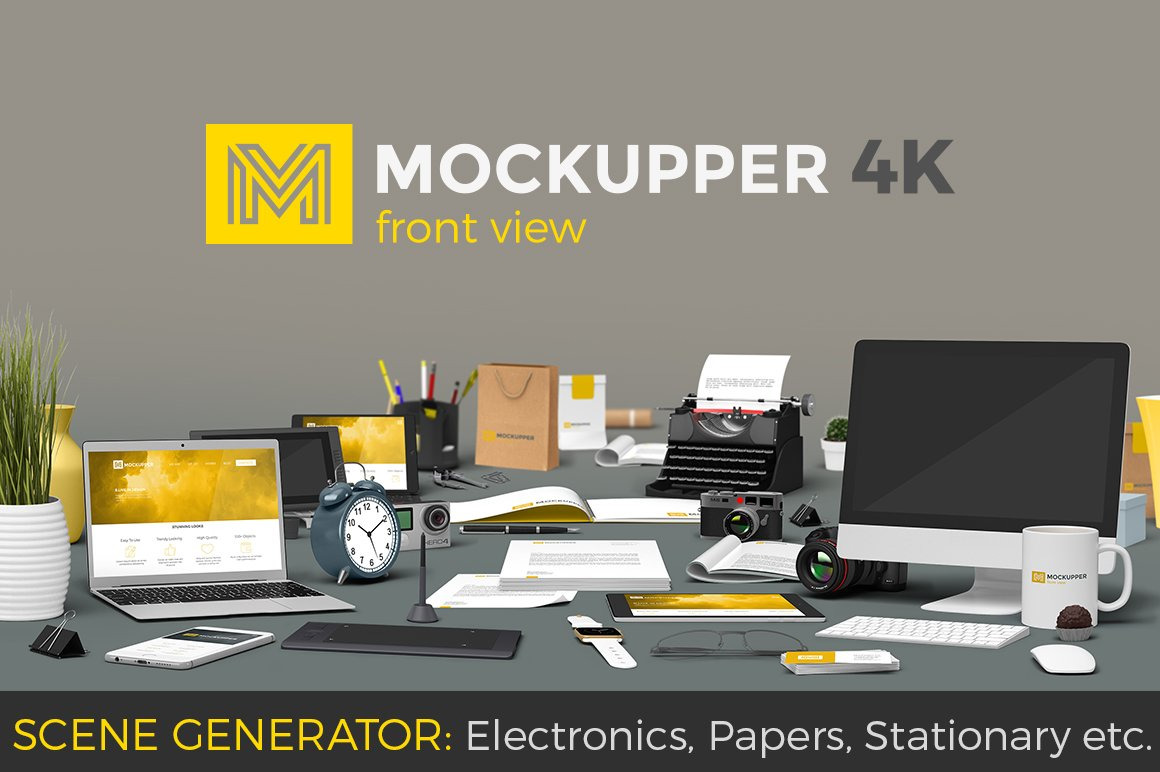 Download Mockupper Scene Generator Front View In Device Mockups On Yellow Images Creative Store PSD Mockup Templates