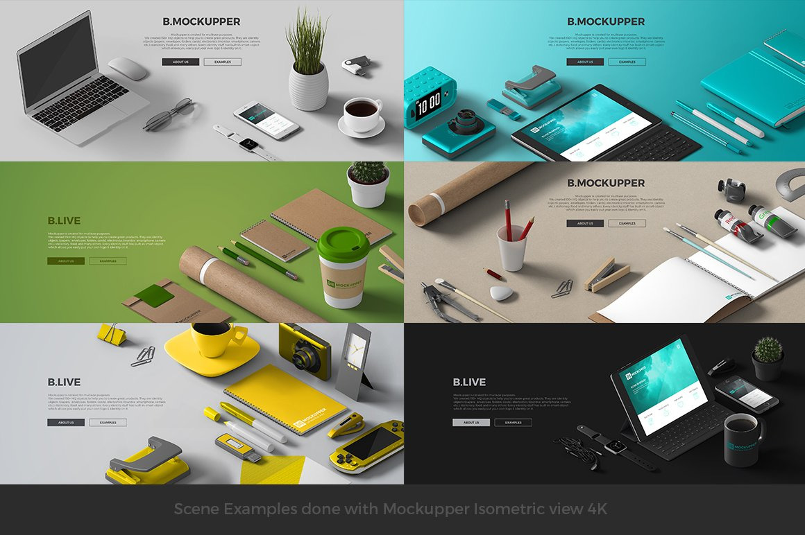 Download Mockupper Scene Generator Isometric In Stationery Mockups On Yellow Images Creative Store PSD Mockup Templates