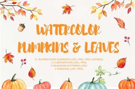 Watercolor pumpkins and leaves