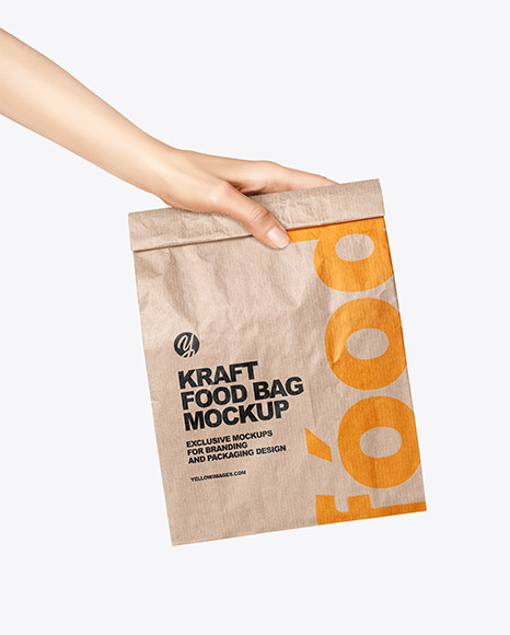 Download Kraft Food Bag In A Hand Mockup In Bag Sack Mockups On Yellow Images Object Mockups PSD Mockup Templates