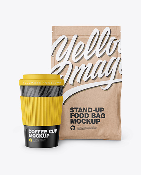 Download Kraft Stand Up Bag With Coffee Cup Mockup In Bag Sack Mockups On Yellow Images Object Mockups PSD Mockup Templates