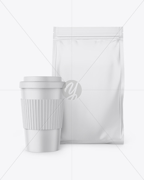 Download Matte Stand Up Bag With Coffee Cup Mockup In Bag Sack Mockups On Yellow Images Object Mockups Yellowimages Mockups