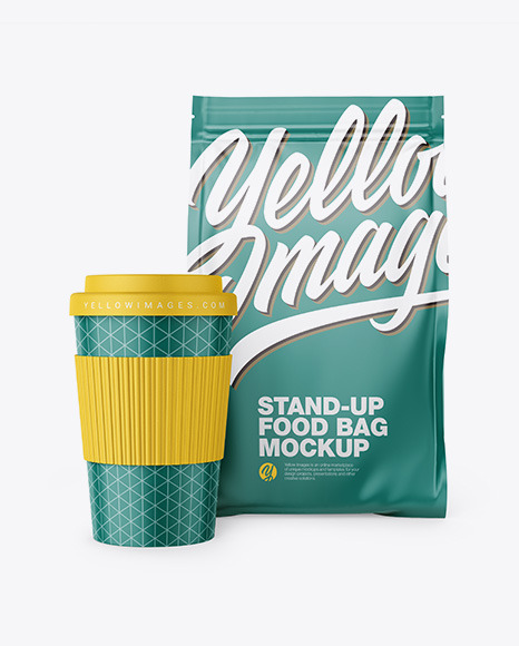 Download Matte Stand Up Bag With Coffee Cup Mockup In Bag Sack Mockups On Yellow Images Object Mockups