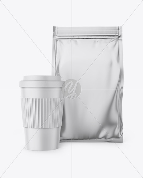 Download Metallic Stand Up Bag With Coffee Cup Mockup In Cup Bowl Mockups On Yellow Images Object Mockups