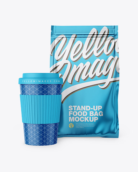 Download Metallic Stand Up Bag With Coffee Cup Mockup In Cup Bowl Mockups On Yellow Images Object Mockups