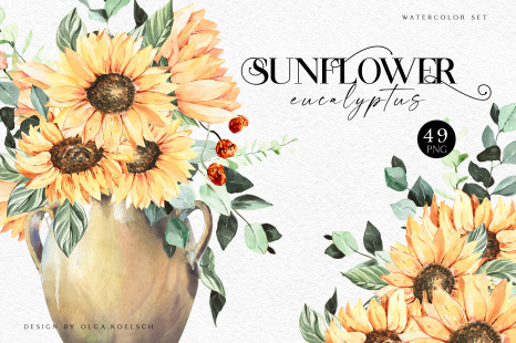 Watercolor sunflower clipart Pumpkin png fall clipart Eucalyptus clipart with sunflower floral png
