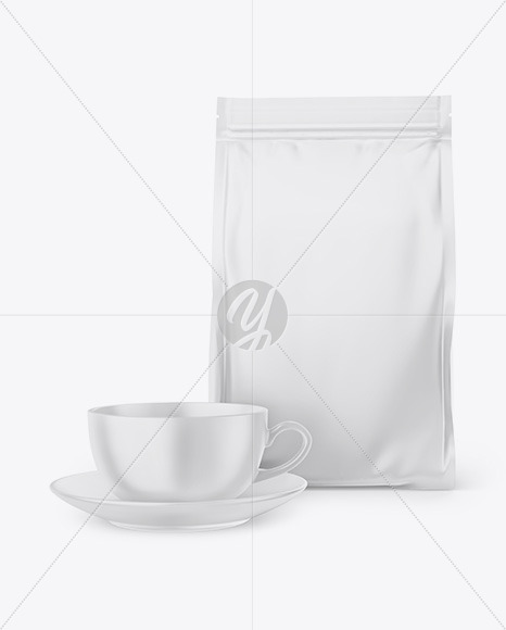 Download Matte Stand Up Bag With Matte Coffee Mug Mockup In Bag Sack Mockups On Yellow Images Object Mockups