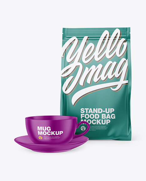 Download Matte Stand Up Bag With Matte Coffee Mug Mockup In Bag Sack Mockups On Yellow Images Object Mockups