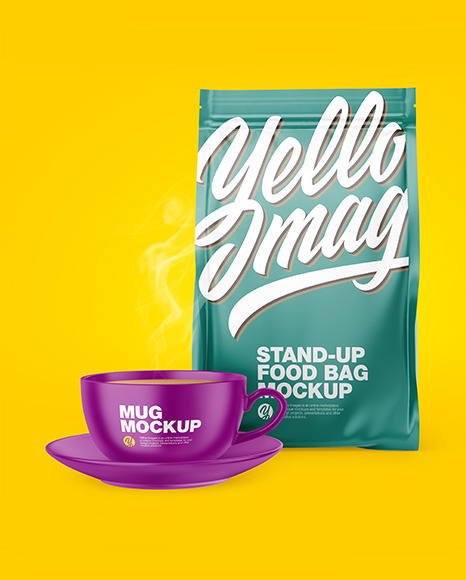 Download Matte Stand Up Bag With Matte Coffee Mug Mockup In Bag Sack Mockups On Yellow Images Object Mockups Yellowimages Mockups