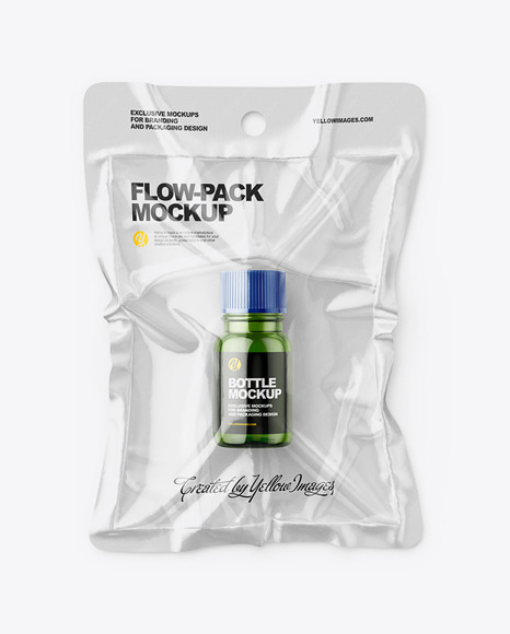Vacuum Flow Pack With Small Green Glass Bottle Mockup   Top View PSD #2