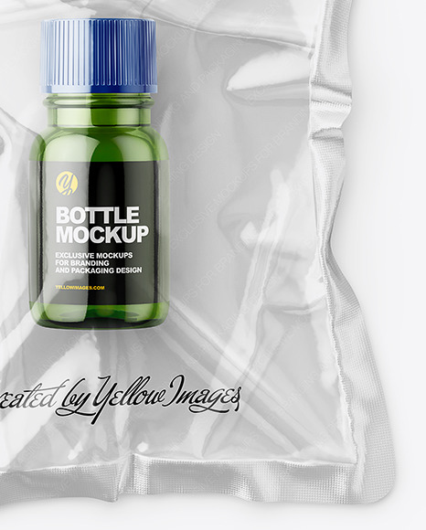 Download Vacuum Flow Pack With Small Green Glass Bottle Mockup Top View In Flow Pack Mockups On Yellow Images Object Mockups