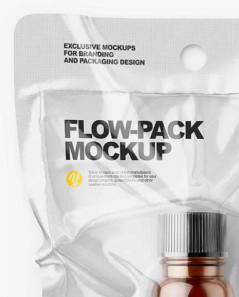 Download Vacuum Flow-Pack With Small Amber Glass Bottle Mockup - Top View in Flow-Pack Mockups on Yellow ...