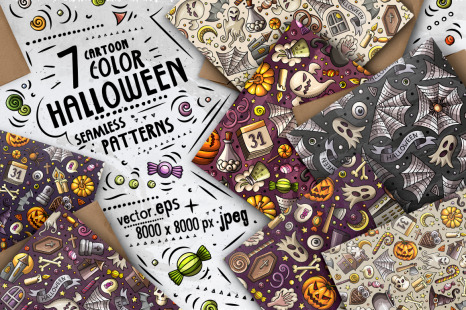 7 Halloween Cartoon Seamless Patterns