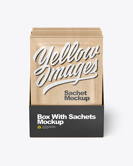 Download Box With Kraft Paper Sachets Mockup In Box Mockups On Yellow Images Object Mockups