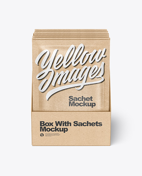 Download Box With Kraft Paper Sachets Mockup In Box Mockups On Yellow Images Object Mockups