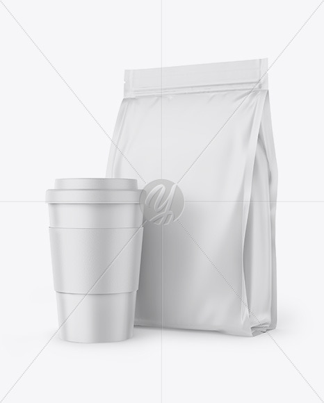 Download Matte Stand Up Bag With Coffee Cup Mockup In Bag Sack Mockups On Yellow Images Object Mockups