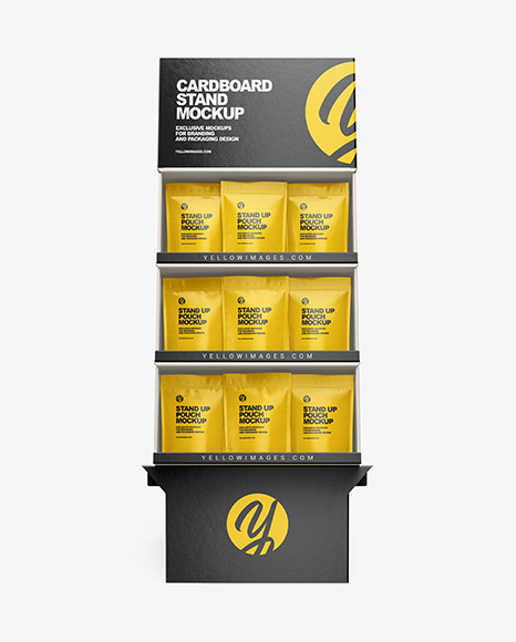 Download Cardboard Display Stand w/ Pouches Mockup in Indoor Advertising Mockups on Yellow Images Object ...