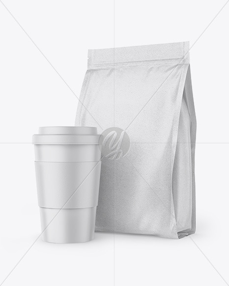 Download Kraft Stand Up Bag With Coffee Cup Mockup In Bag Sack Mockups On Yellow Images Object Mockups