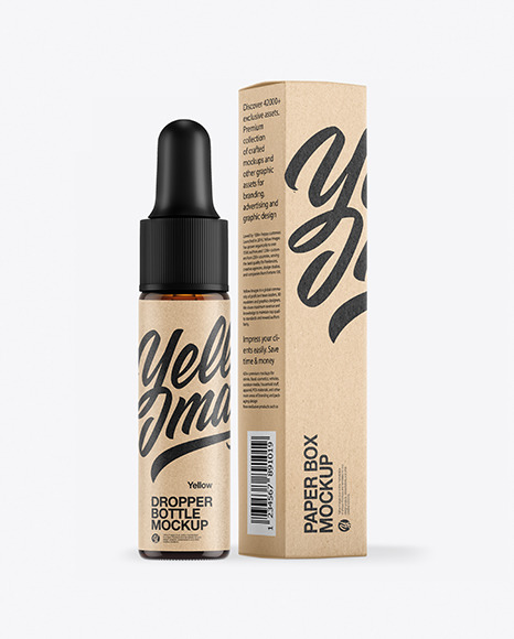 Dark Amber Glass Dropper Bottle with Kraft Paper Box Mockup