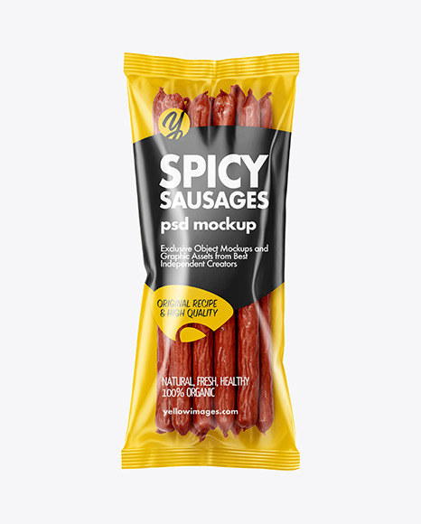 Download Plastic Bag With Spicy Smoked Sausages Mockup In Bag Sack Mockups On Yellow Images Object Mockups PSD Mockup Templates