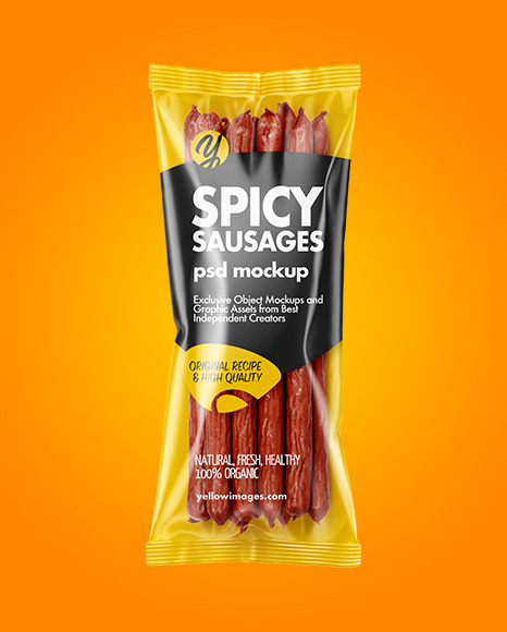 Download Plastic Bag With Spicy Smoked Sausages Mockup In Bag Sack Mockups On Yellow Images Object Mockups PSD Mockup Templates