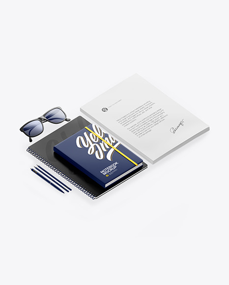 Notebook &amp; Paper W/ Pens Mockup